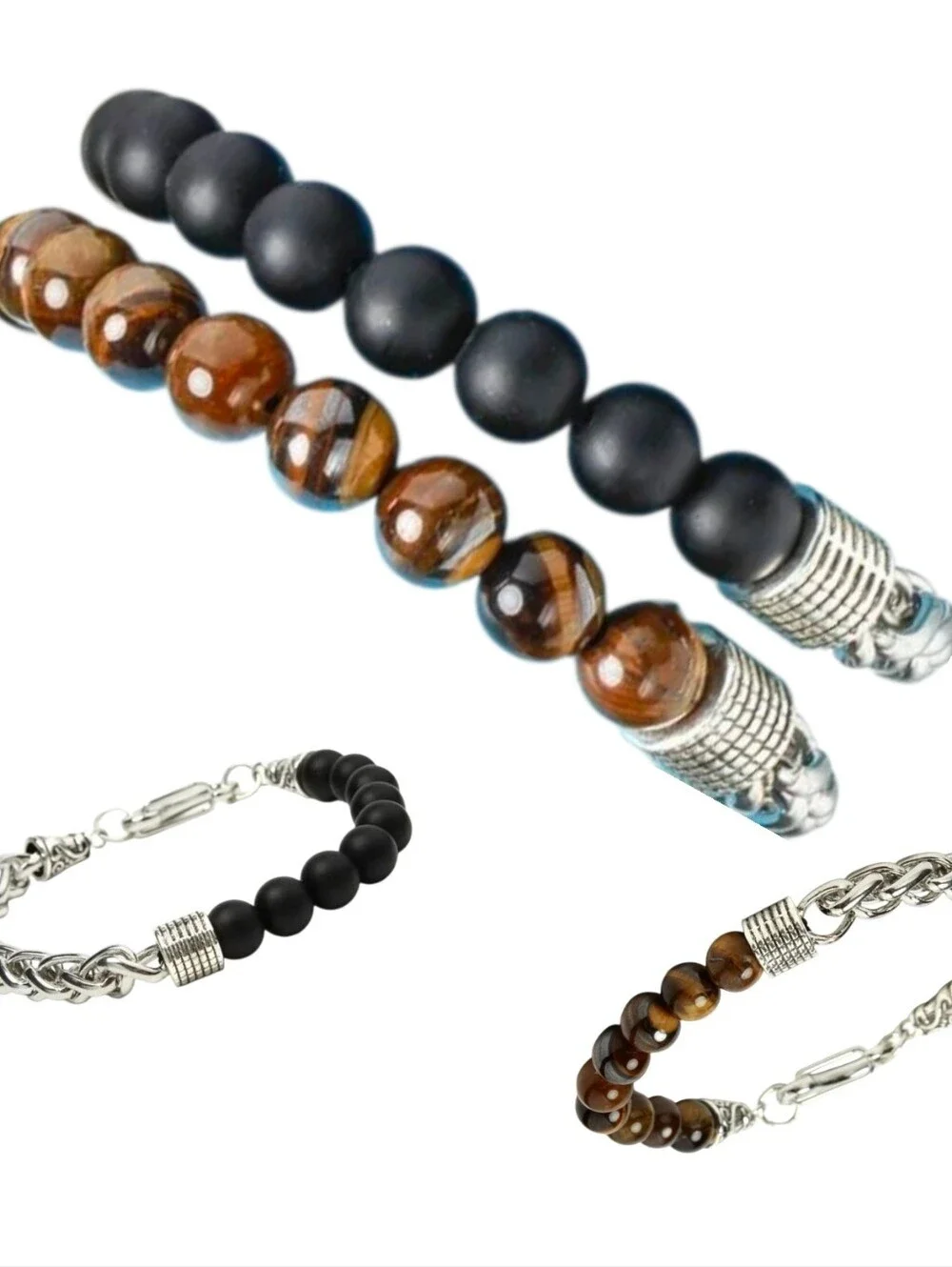 Matte Black or Tiger Eye Stone  & Silver Chain Bracelet